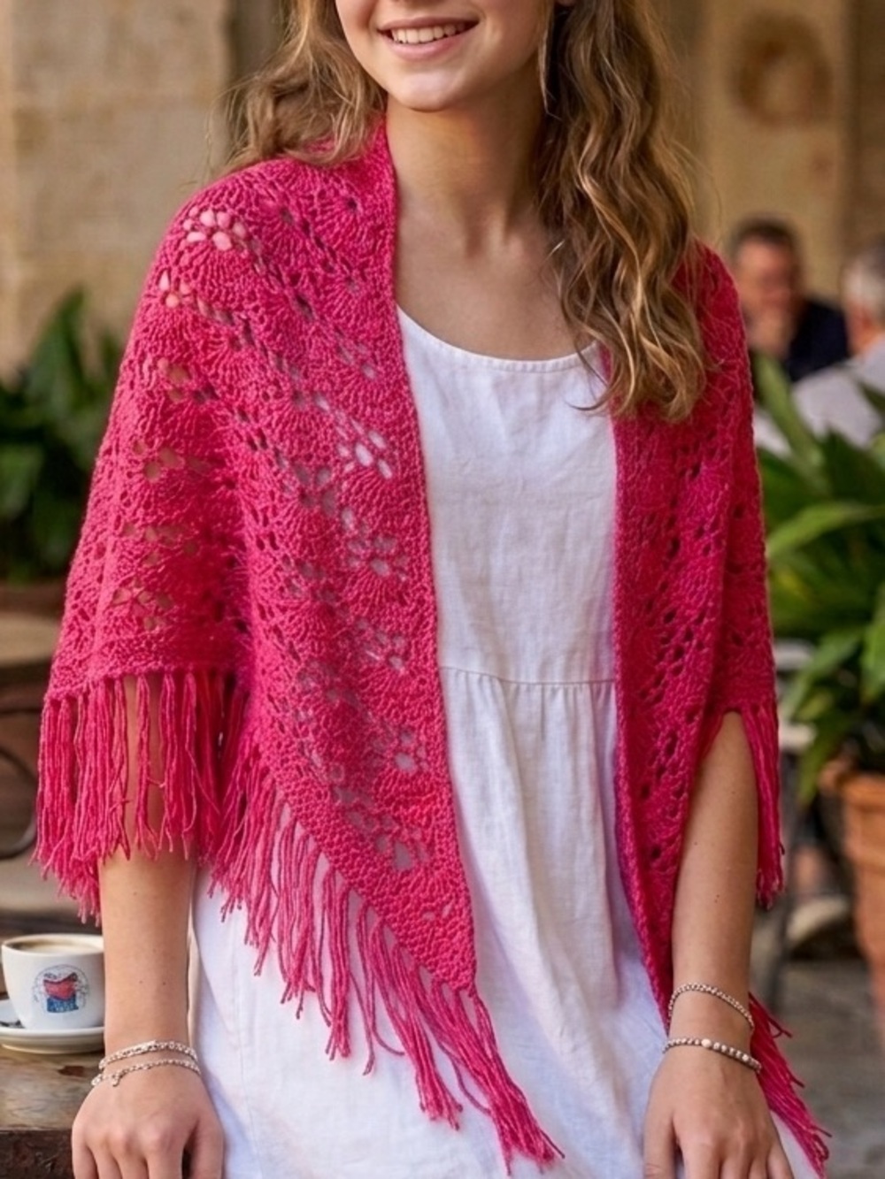 Handmade Fuchsia Pink Crochet Lace Triangle Shawl with Fringe